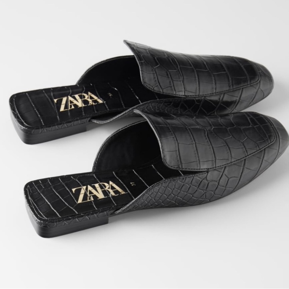 Zara Croc Embossed Black Mules size 39